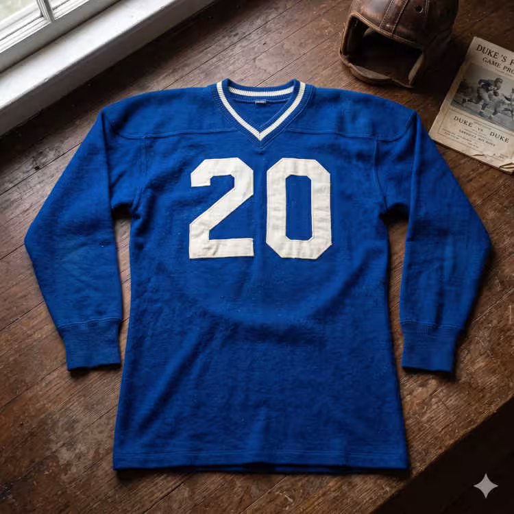 Vintage Duke Blue Devils #20 football jersey. Royal blue heavy wool with white felt block numbers and a ribbed striped V-neck collar. Features 1940 Duke game program and vintage leather wing helmet for historical Southern Conference research and Pigskin Dispatch archives.