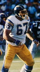 Action shot of Chargers legend Ed White (#67), an 4-time Pro Bowler and one of the most durable offensive linemen in NFL history.