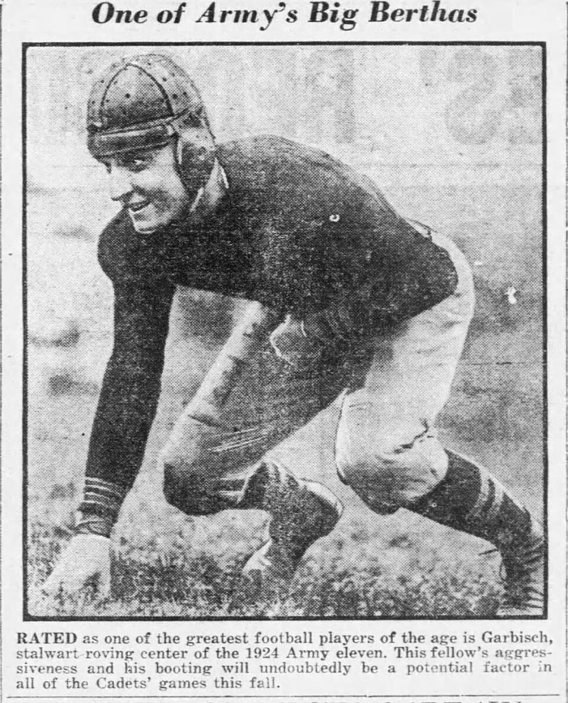 1923 archival news clipping of Army's Edgar Garbisch, a Hall of Fame center and kicker, showcasing the rugged 'Iron Man' equipment of the mid-1920s.