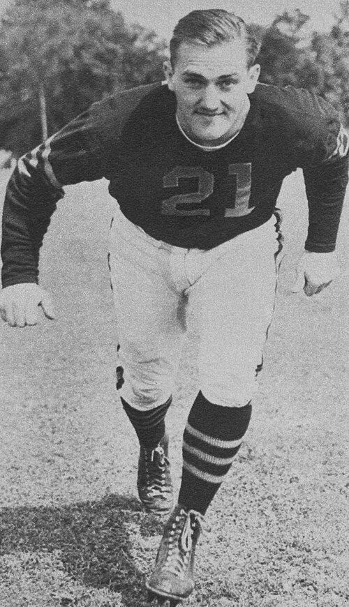 1941 action photograph of Chicago Bears guard Danny Fortmann #21. Black and white photo of Fortmann in a football stance wearing a classic Monsters of the Midway jersey for historical NFL research and Pigskin Dispatch archives.