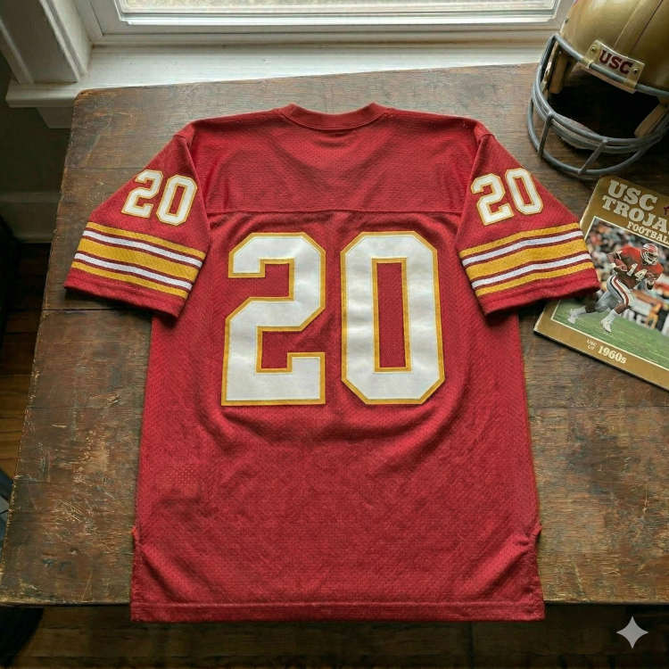 Vintage USC Trojans #20 football jersey. Cardinal red mesh with white and gold block numbers, 1960s USC game program, and gold USC Riddell helmet for historical Pac-12 sports research and Pigskin Dispatch archives.