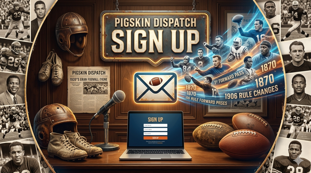 This image is designed to be highly engaging for a sign-up page. It uses an inclusive "rush" of historical and modern figures and a central, iconic email icon to encourage users to join. The visual flow guides the eye directly to the call to action, while subtly incorporating relevant historical details like rule changes, which you can see at the edges of the main graphic.