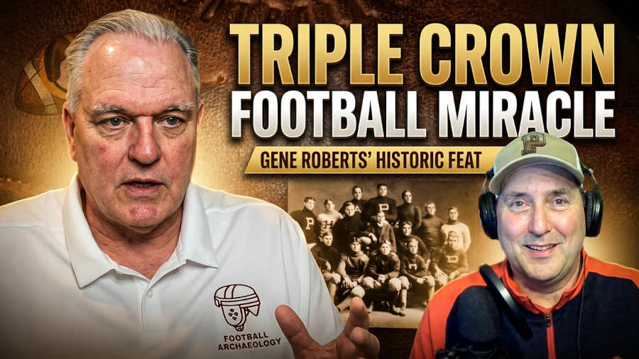 YouTube thumbnail for Pigskin Dispatch and Football Archaeology featuring Timothy Brown and Darin Hayes. Title 'Triple Crown Football Miracle: Gene Roberts' Historic Feat' over a vintage archival team photo and leather football background. Professional media design for historical American football research.