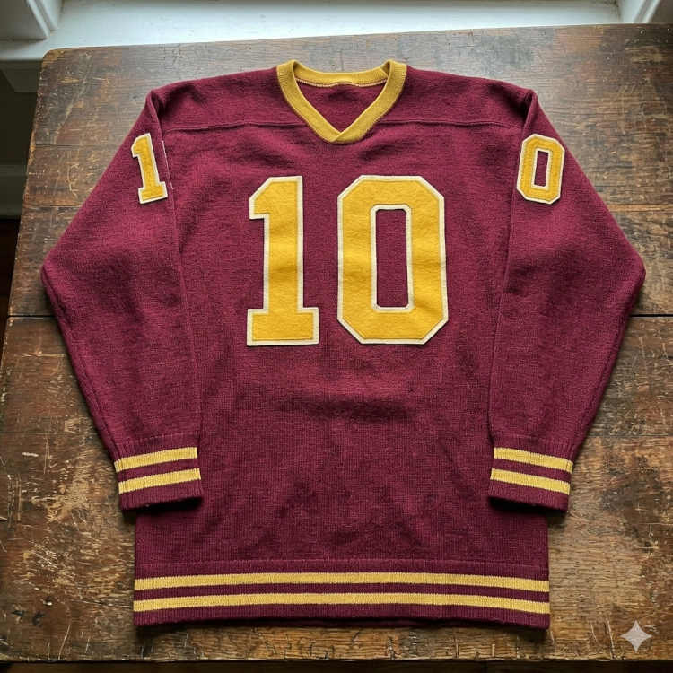 Early 20th-century style maroon and gold #10 football jersey with classic felt numbering and striped ribbed trim.