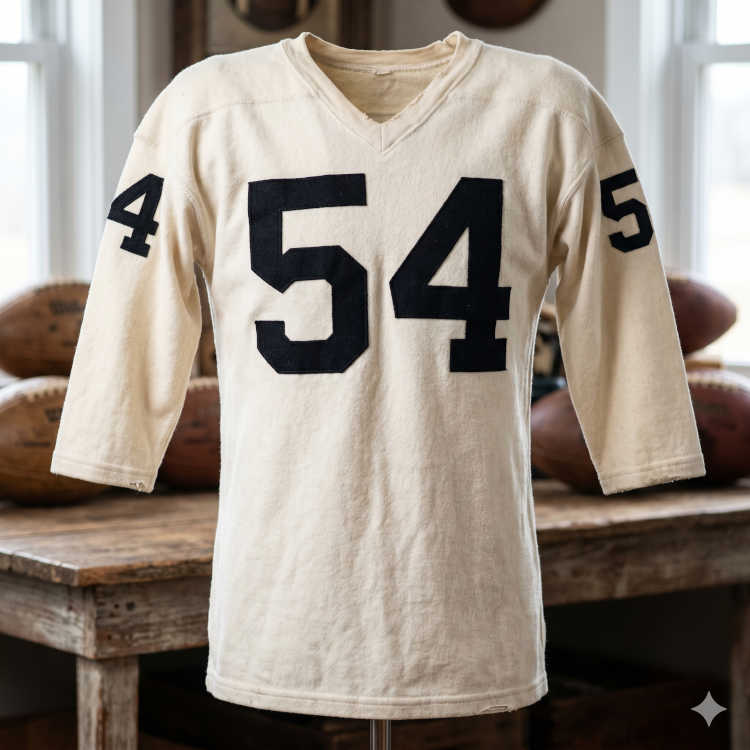Vintage image of a 1940s era white American football jersey 54, without a name on it.