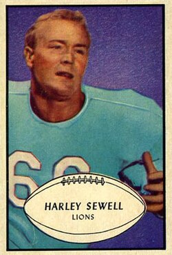 Vintage 1953 Bowman Harley Sewell rookie card (#58). Full-color archival image of Detroit Lions guard Harley Sewell in a light blue jersey. A primary source for historical NFL championship research and 1950s Detroit Lions archives for Pigskin Dispatch.