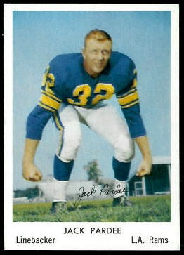 Vintage 1959 Fleer Jack Pardee football card (#22). Colorized archival image of Los Angeles Rams linebacker Jack Pardee (#32) in a defensive stance. A primary source for historical NFL research, Junction Boys history, and Pigskin Dispatch archives.