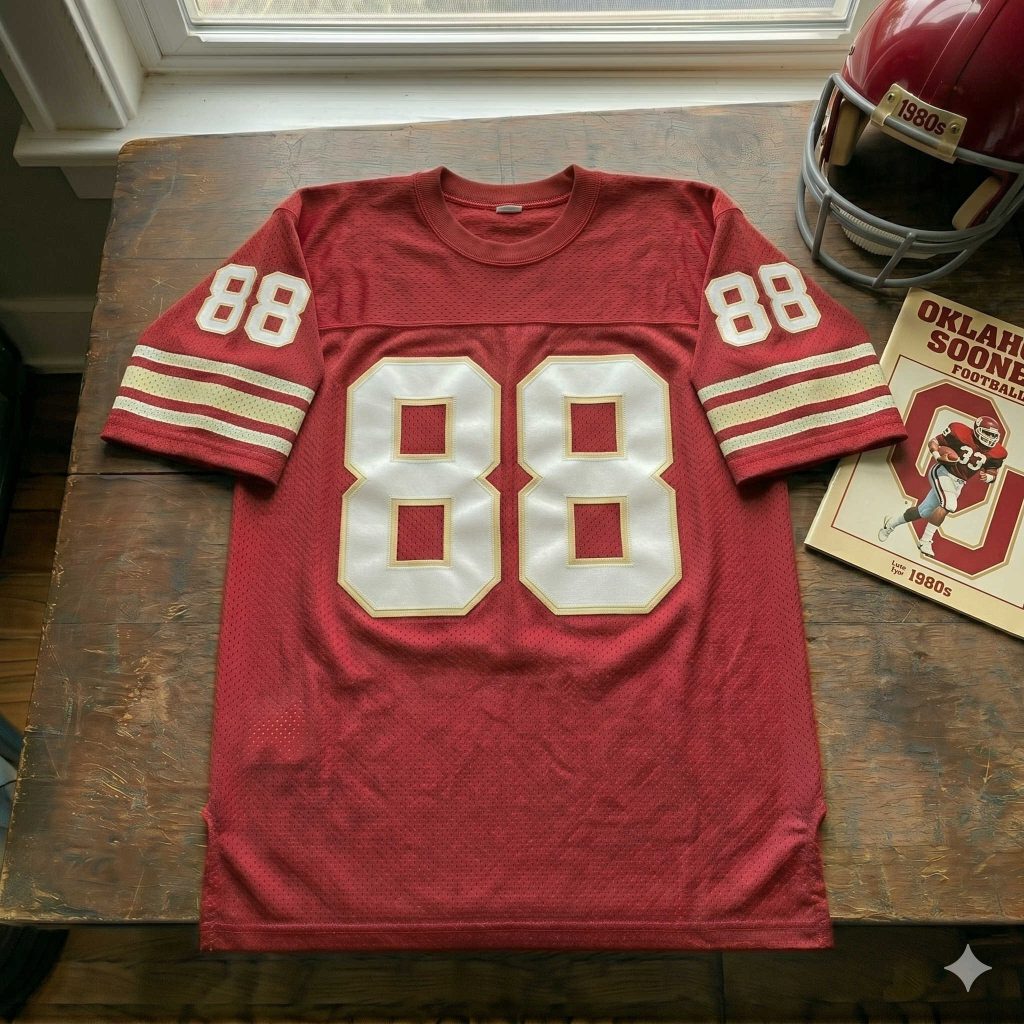 Vintage Oklahoma Sooners #88 football jersey. Crimson mesh with white and gold-outlined block numbers, 1980s Oklahoma game program, and crimson helmet for historical Big 12 sports research and Pigskin Dispatch archives.