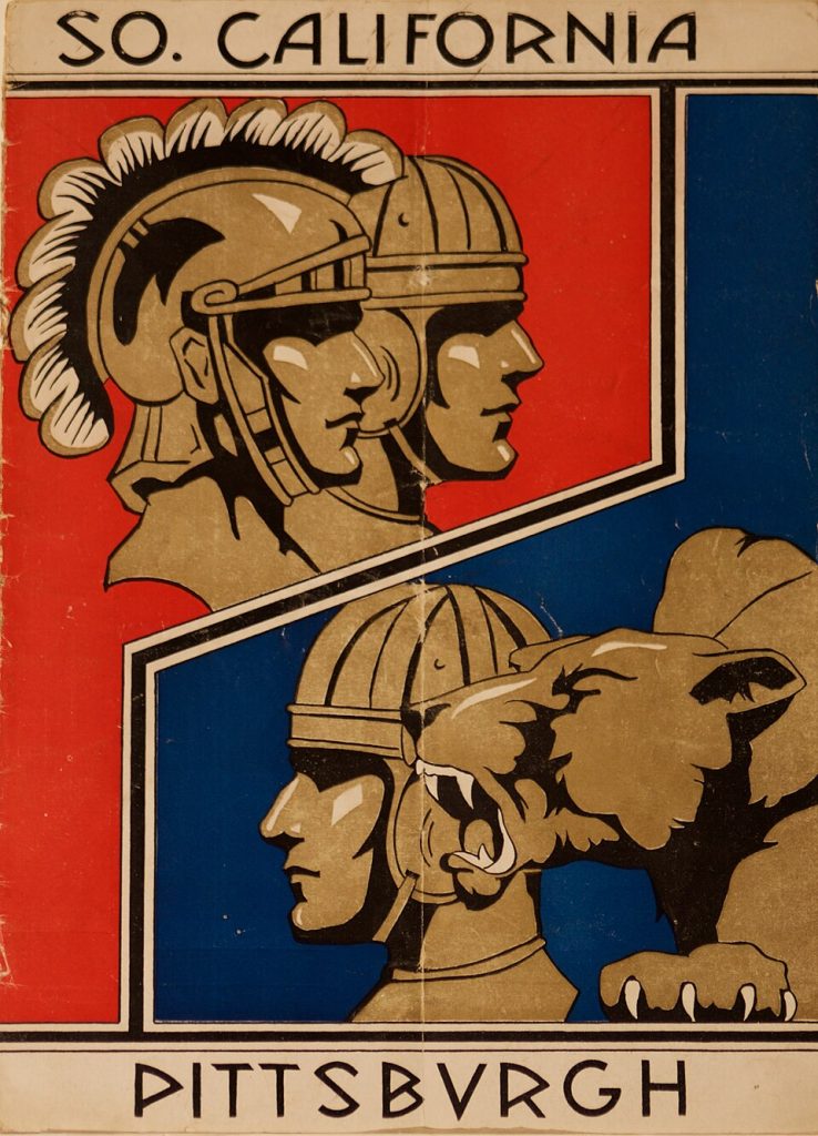 Vintage 1933 Rose Bowl football program cover for Pittsburgh vs. USC. Features Art Deco illustration of Trojan warriors and a Pitt Panther. Dated January 2, 1933. A primary source for Jock Sutherland era research and Western Pennsylvania sports history for Pigskin Dispatch archives.