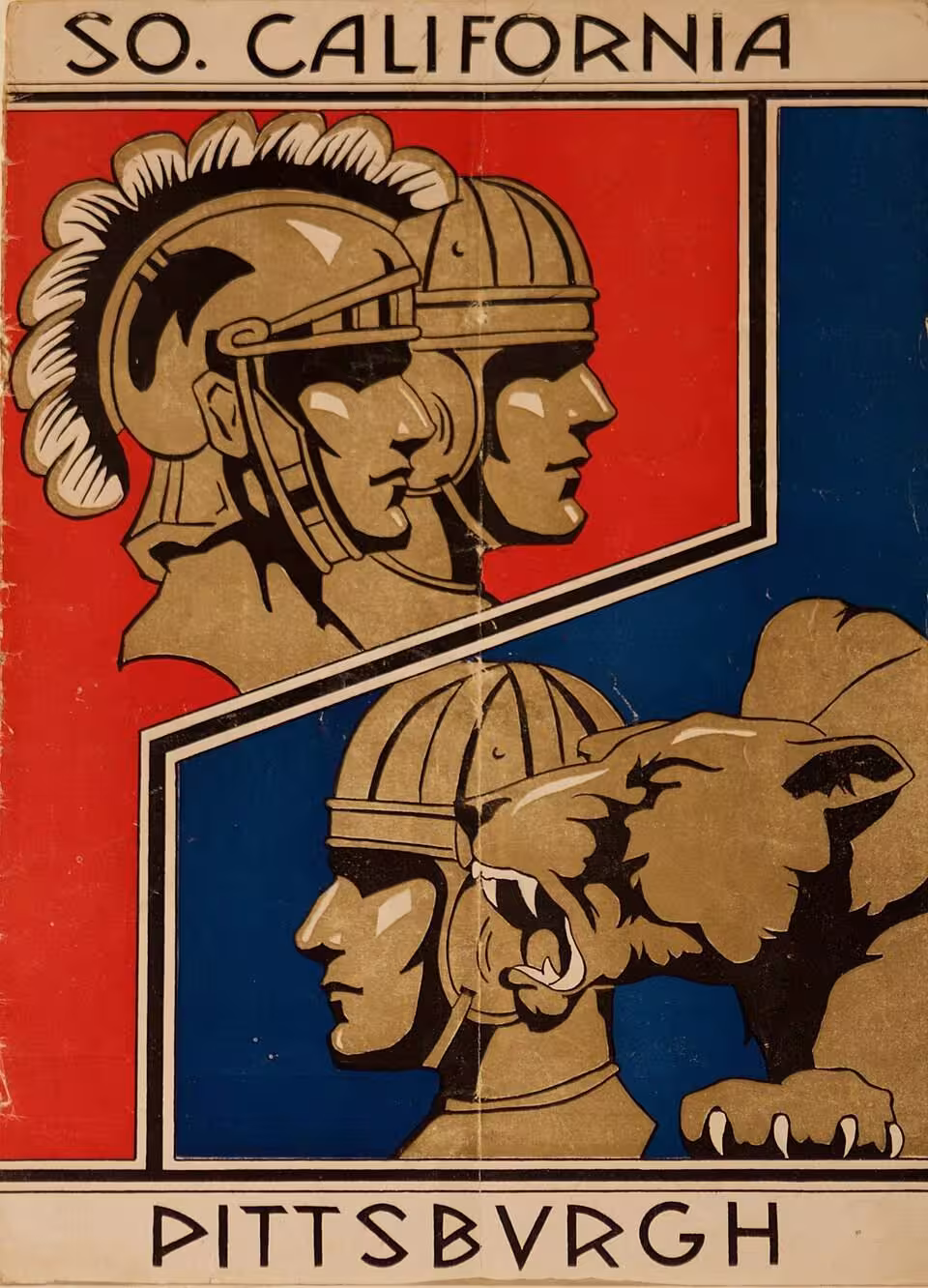 Vintage 1933 Rose Bowl football program cover for Pittsburgh vs. USC. Features Art Deco illustration of Trojan warriors and a Pitt Panther. Dated January 2, 1933. A primary source for Jock Sutherland era research and Western Pennsylvania sports history for Pigskin Dispatch archives.