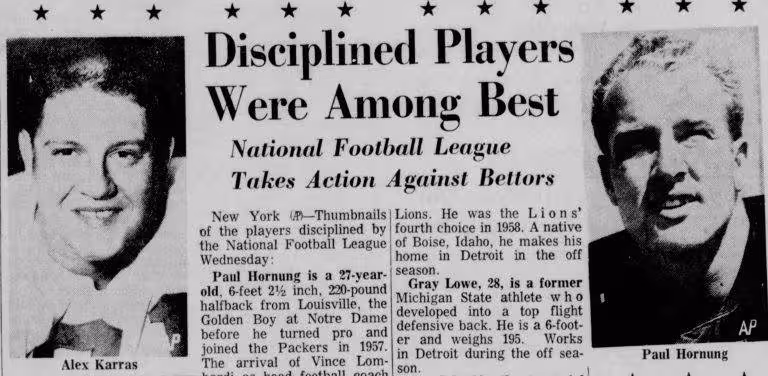 Black and white newspaper clipping on Karras and Hornungs suspension from NFL in the Lincoln Evening Journal Lincoln, Nebraska · Wednesday, April 17, 1963