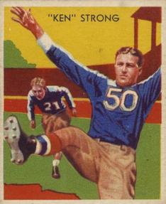 A full color water color image of A football card of Ken Strong from the 1935 National Chicle Football set. Strong wears his famous blue number 50 jersey as he follows through on a punt with a team mate in a football pose in the back ground.