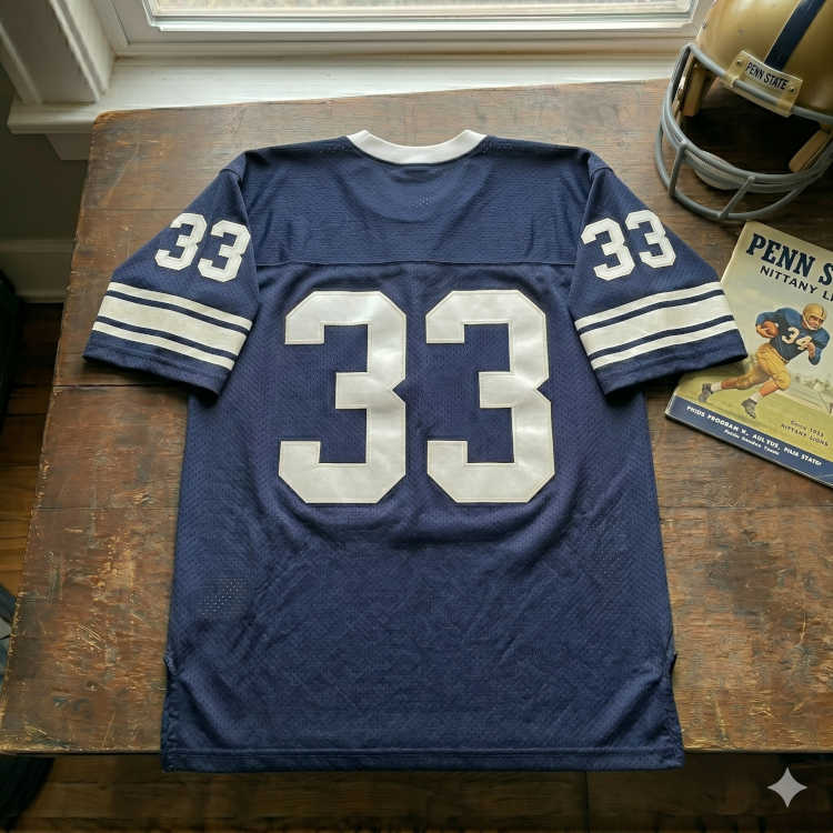 Vintage Penn State Nittany Lions #33 football jersey. Navy blue mesh with solid white block numbers, 1950s Penn State game program, and gold Penn State helmet for historical Western Pennsylvania sports research and Pigskin Dispatch archives.