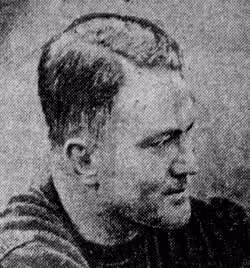 Archival 1942 portrait of Hall of Fame coach and orthopedic surgeon Mal Stevens. Black and white profile headshot showing Stevens in a striped 1940s football jersey. A primary source for historical research into sports medicine and the Yale Bulldogs for Pigskin Dispatch archives.