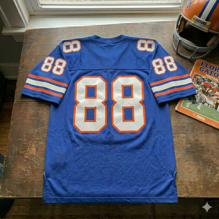 Vintage Florida Gators #88 football jersey. Royal blue mesh with white and orange outlined block numbers, 1980s Florida game program, and orange Gators helmet for historical SEC sports research and Pigskin Dispatch archives.