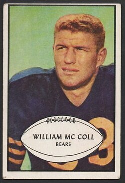 A vintage 1952 Bowman football card of William 'Bill' McColl. The card features a hand-painted color portrait of McColl looking slightly off-camera, wearing a dark blue Chicago Bears jersey with orange and navy striped sleeve cuffs. A large white football graphic at the bottom contains his name and team in black block letters. The card is framed by a simple white border.