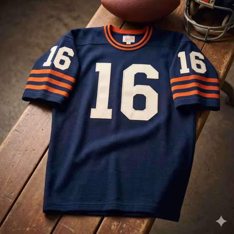 Vintage Chicago Bears #16 wool jersey. Navy blue with burnt orange sleeve stripes and cream block numbers, leather football, and 1940s era silver helmet for historical NFL research and Pigskin Dispatch archives.