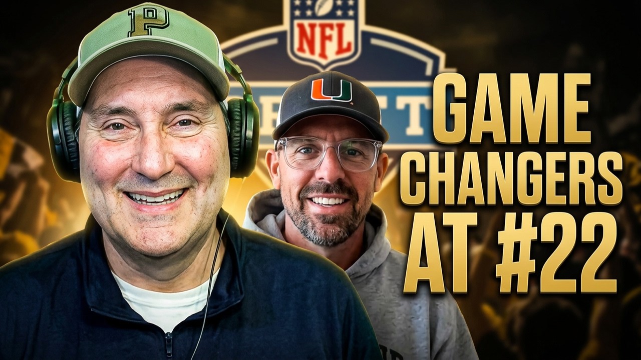 NFL Draft Pick 22 Game Changers thumbnail graphic. Features two hosts wearing Purdue and Miami Hurricanes hats. Professional sports media design for historical NFL draft analysis and collegiate sports history research.