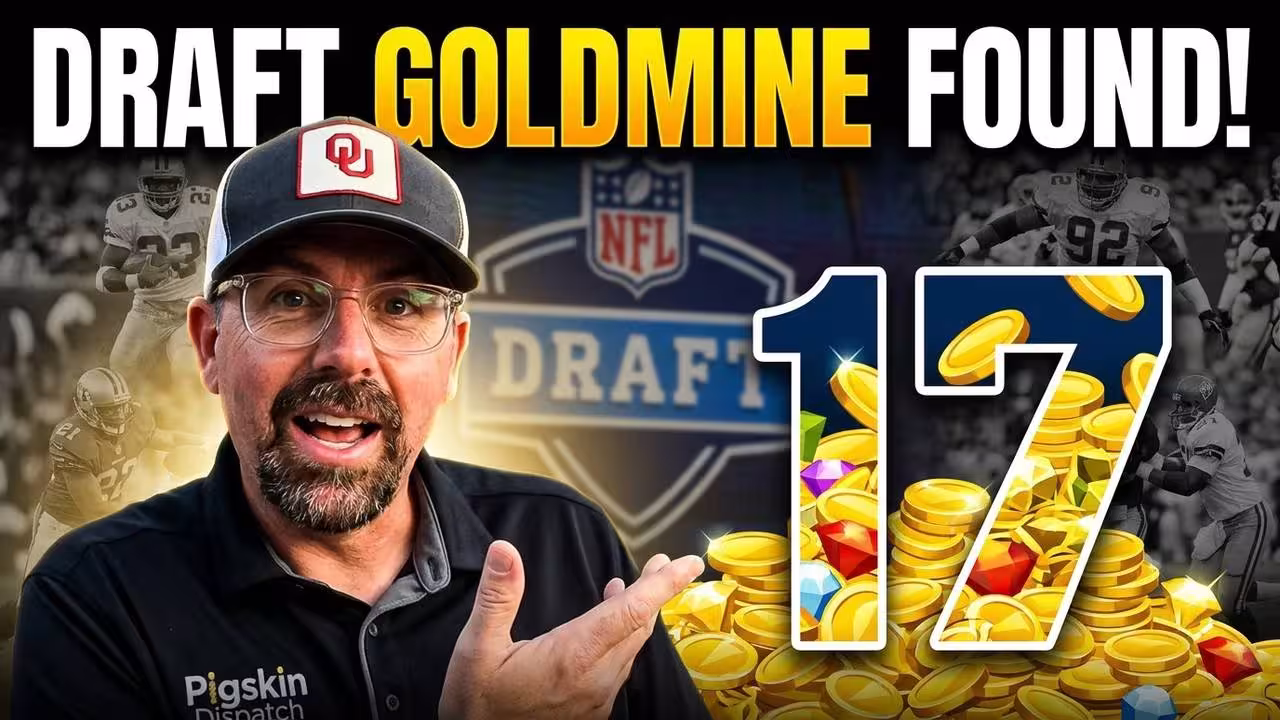 The graphic features guest Ed Kleese on the left, wearing your signature Oklahoma Sooners cap and a black Pigskin Dispatch polo. Ed is gesturing toward a massive pile of gold coins and gems that form the shape of a giant number 17. The background includes a blurred NFL Draft logo and black-and-white action shots of legendary players, topped with the bold, white-and-yellow headline: "DRAFT GOLDMINE FOUND!"
