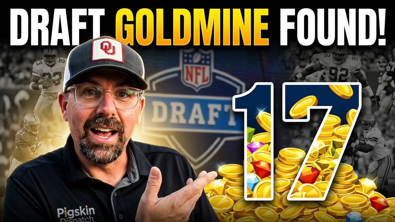 The graphic features guest Ed Kleese on the left, wearing your signature Oklahoma Sooners cap and a black Pigskin Dispatch polo. Ed is gesturing toward a massive pile of gold coins and gems that form the shape of a giant number 17. The background includes a blurred NFL Draft logo and black-and-white action shots of legendary players, topped with the bold, white-and-yellow headline: "DRAFT GOLDMINE FOUND!"