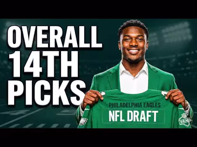 NFL Draft Overall 14th Picks thumbnail graphic for Pigskin Dispatch. Features a player in a green suit holding a Philadelphia Eagles draft jersey with bold white text on a stadium background. Professional sports media design for historical NFL draft analysis.