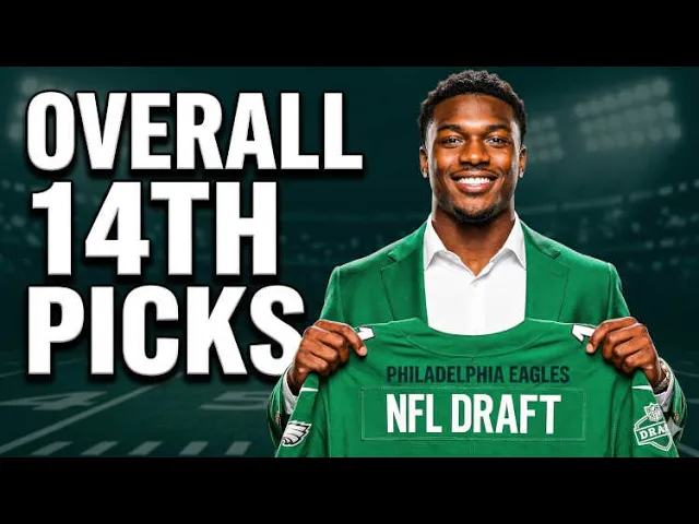 NFL Draft Overall 14th Picks thumbnail graphic for Pigskin Dispatch. Features a player in a green suit holding a Philadelphia Eagles draft jersey with bold white text on a stadium background. Professional sports media design for historical NFL draft analysis.