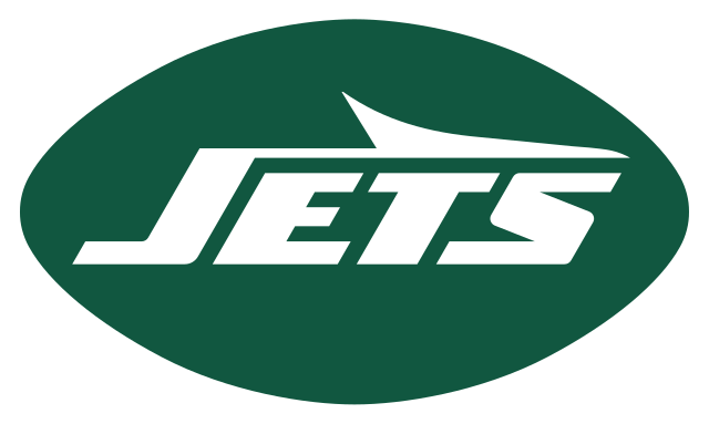 New York Jets logo of a green football shape with the word "Jets" with a jet airplane emblem above the wording.