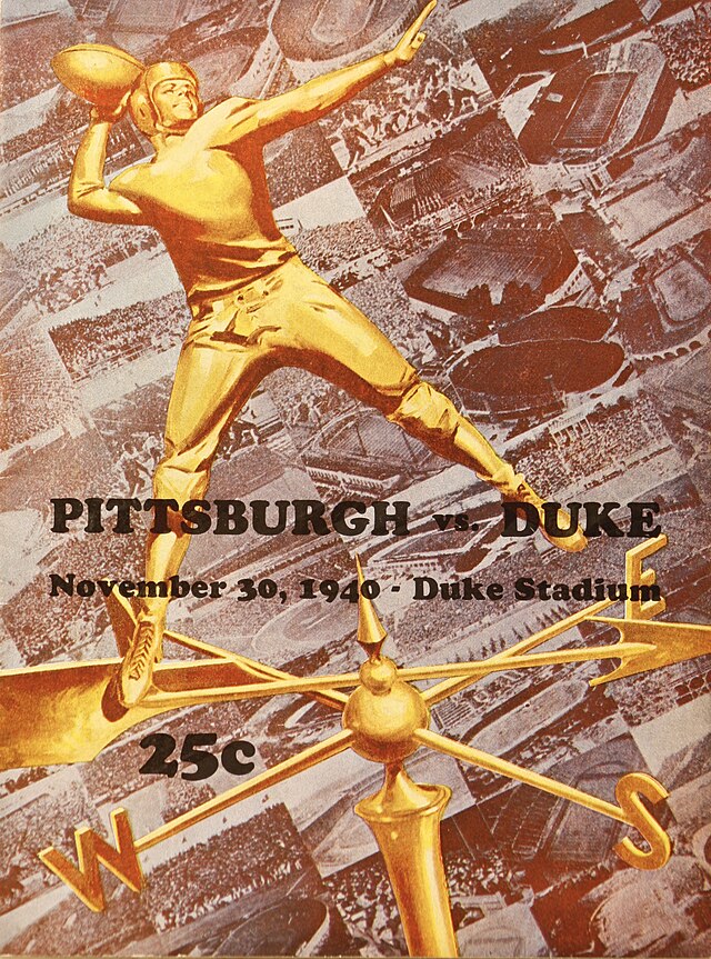 Vintage 1940 Pittsburgh vs. Duke football program cover. Gold-toned illustration of a player in a leather helmet throwing a pass atop a weather vane, set against a collage of football stadiums. Dated November 30, 1940, at Duke Stadium for historical collegiate sports research and Pigskin Dispatch archives.