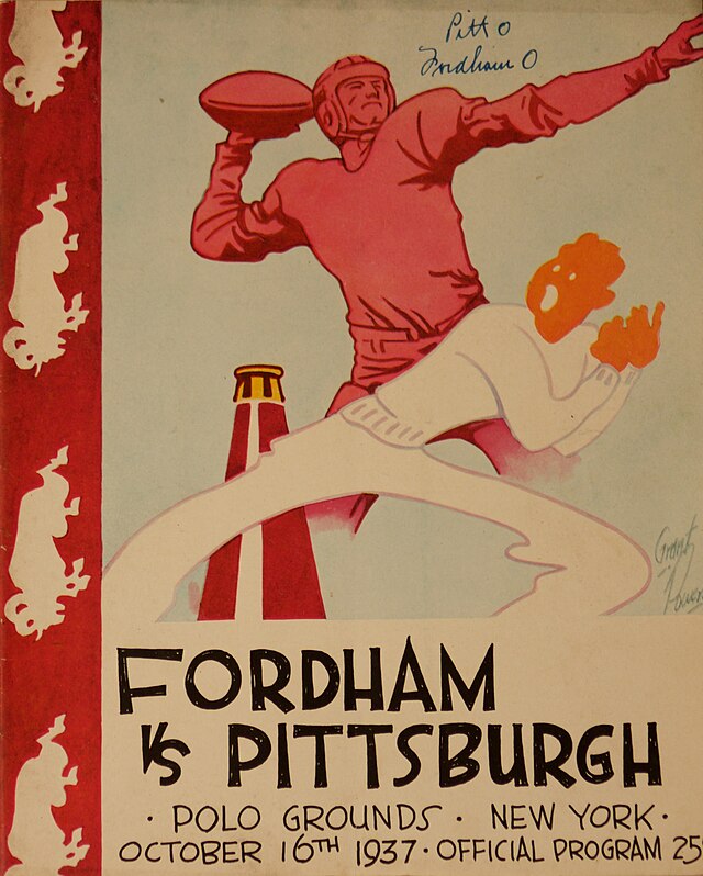 Vintage 1937 Fordham vs. Pittsburgh football program cover. Illustrated action shot of a player in a leather helmet preparing to pass at the Polo Grounds in New York. Features the date October 16th, 1937, and a 25-cent price for historical collegiate sports research and Pigskin Dispatch archives.