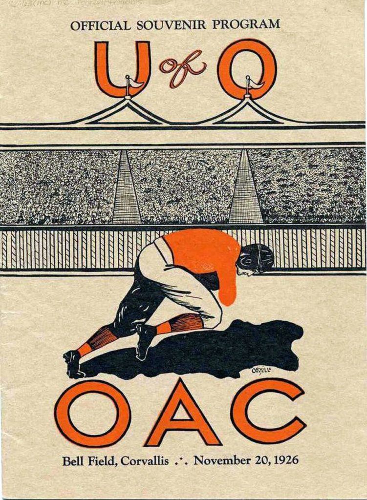 intage 1926 Oregon vs. Oregon Agricultural College (OAC) football program cover. Features a stylized illustration of an OAC player in an orange jersey and black leather helmet at Bell Field. Dated November 20, 1926.