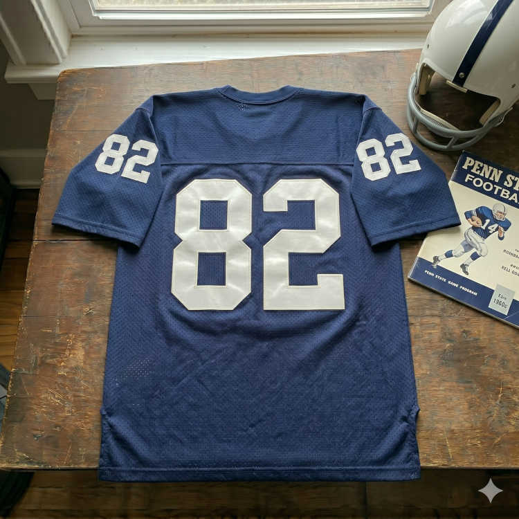 Vintage Penn State Nittany Lions #82 football jersey. Navy blue mesh with solid white block numbers and clean sleeves, 1960s Penn State game program, and white Nittany Lions helmet with grey facemask for historical Western Pennsylvania sports research and Pigskin Dispatch archives.