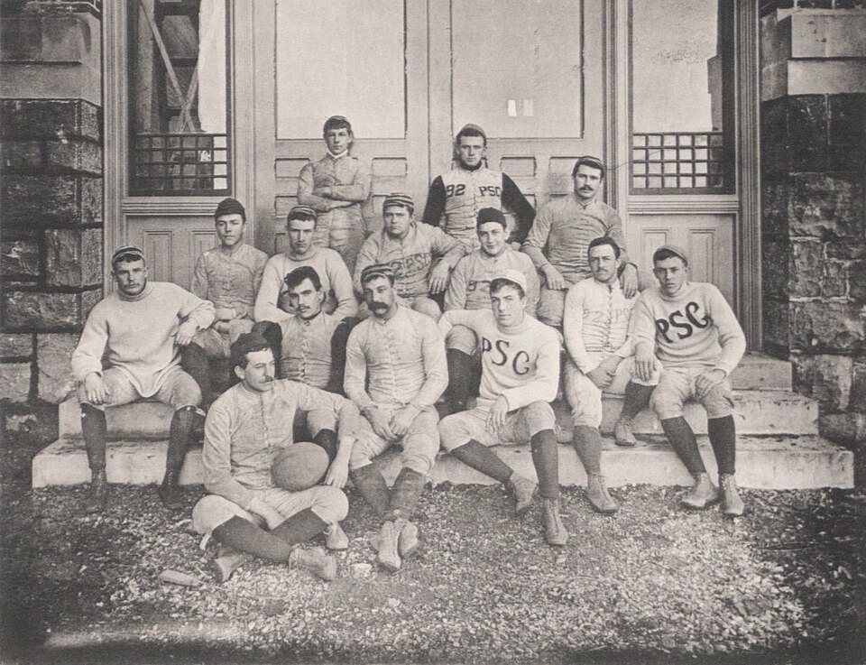Vintage black and white team photo of the 1889 Penn State football squad.