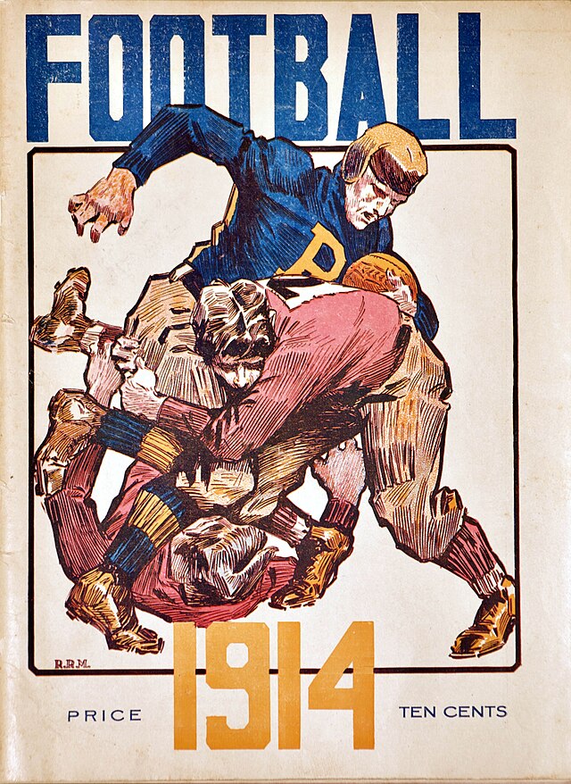 Vintage 1914 University of Pittsburgh vs. Washington & Jefferson football program cover. Colorful illustration of a Pitt player in a blue jersey with a block 'P' logo tackling a W&J ball carrier. Dated 1914 with a price of Ten Cents. A primary source for Western Pennsylvania sports history and Pigskin Dispatch archives
