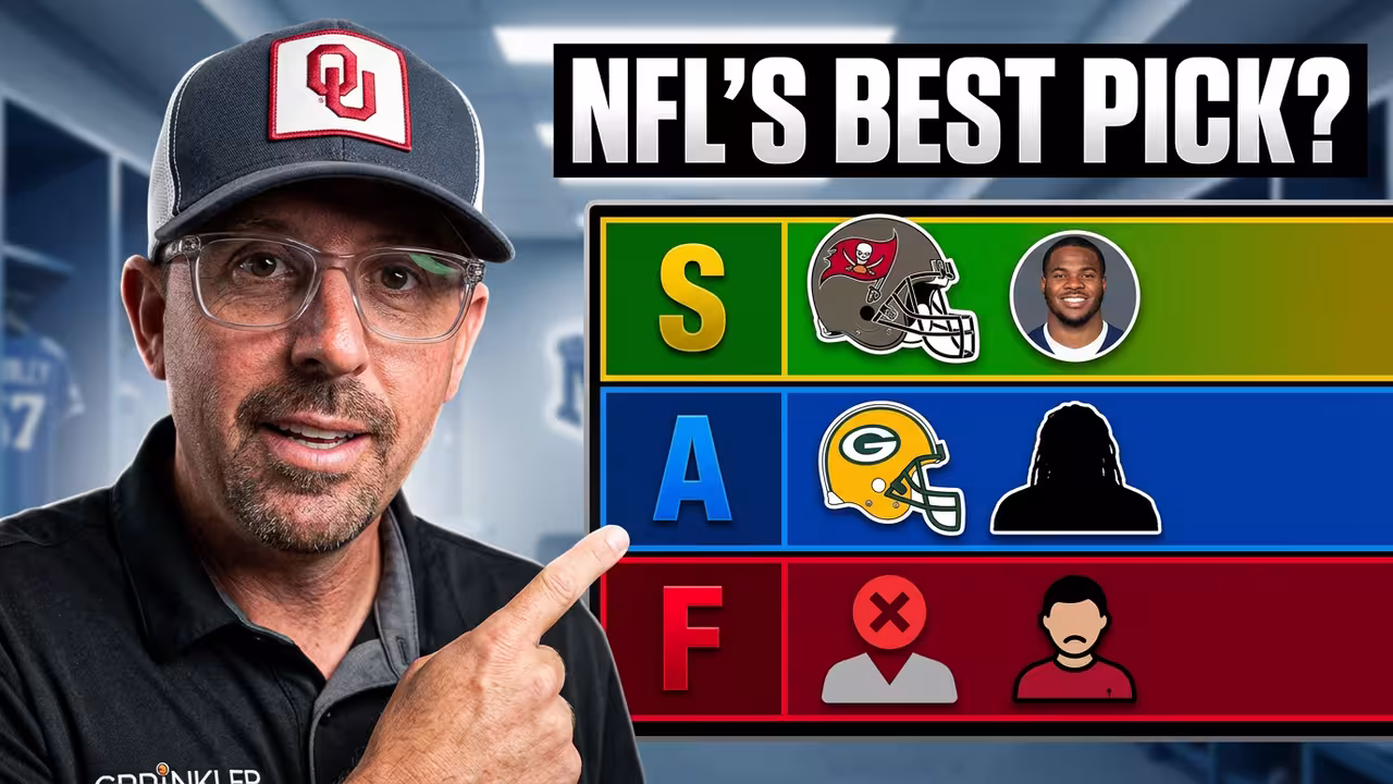 NFL Draft Pick 12 Tier List thumbnail for Pigskin Dispatch. Features host in an Oklahoma Sooners hat pointing to an S-Tier ranking of Micah Parsons and Warren Sapp. Professional sports media design for historical NFL draft analysis and Pick 12 research.