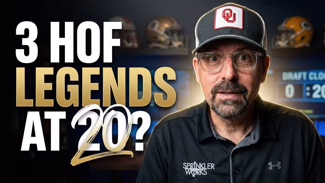 Modern sports media graphic for Pigskin Dispatch, exploring the history of Hall of Fame legends selected at the #20 spot in the NFL Draft.
