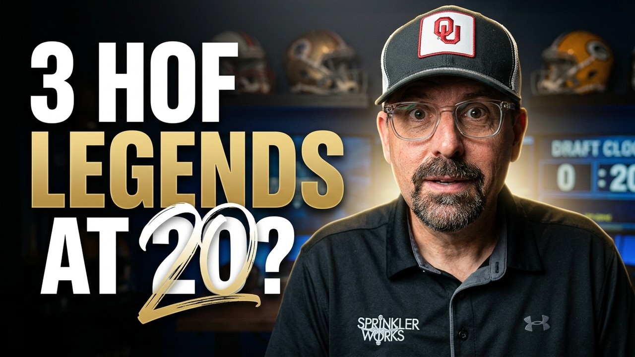 Modern sports media graphic for Pigskin Dispatch, exploring the history of Hall of Fame legends selected at the #20 spot in the NFL Draft.