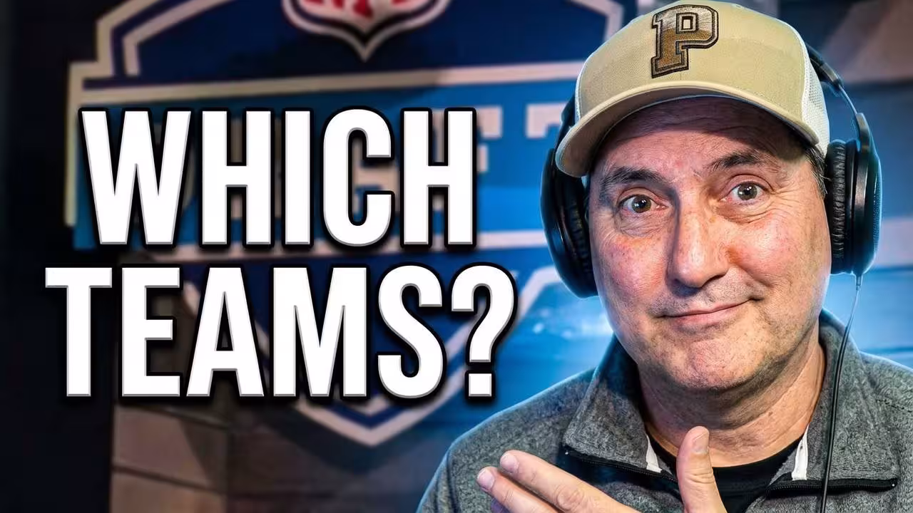 Color image of Host Darin Hayes with the NFL Draft sign background, motioning to text that says"Which Teams?"