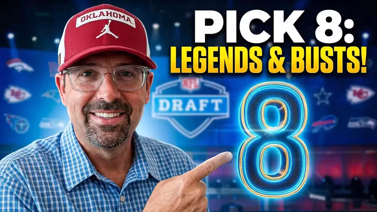 NFL Draft Pick 8 Legends & Busts thumbnail for Pigskin Dispatch. Features host in an Oklahoma Sooners hat pointing to a glowing neon-blue '8'. Professional sports media design for historical NFL draft analysis and Pick 8 research.