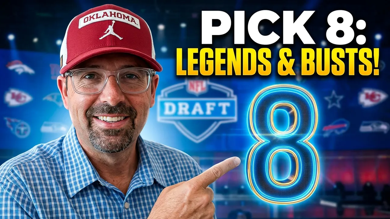 NFL Draft Pick 8 Legends & Busts thumbnail for Pigskin Dispatch. Features host in an Oklahoma Sooners hat pointing to a glowing neon-blue '8'. Professional sports media design for historical NFL draft analysis and Pick 8 research.