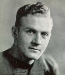Vintage archival portrait of Minnesota Golden Gophers halfback Francis 'Pug' Lund. Black and white yearbook headshot showing Lund in a 1930s wool football jersey. A primary source for historical Big Ten football research and Pigskin Dispatch archives.