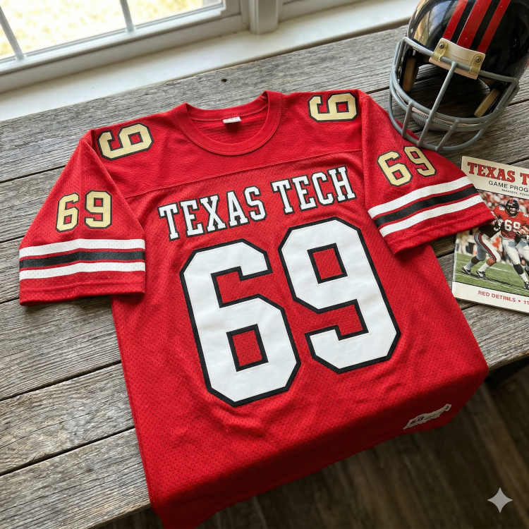 Modern-era red Texas Tech #69 jersey display with a vintage 1980s game program and a striped Red Raiders helmet on a rustic wood background.