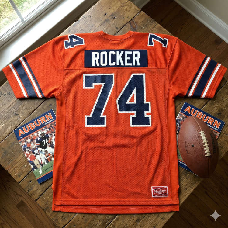 Vintage Auburn Tigers #74 Tracy Rocker football jersey. Orange mesh jersey with navy and white block numbers, 1980s Auburn game program, and Wilson leather football for historical SEC sports research and Pigskin Dispatch archives.