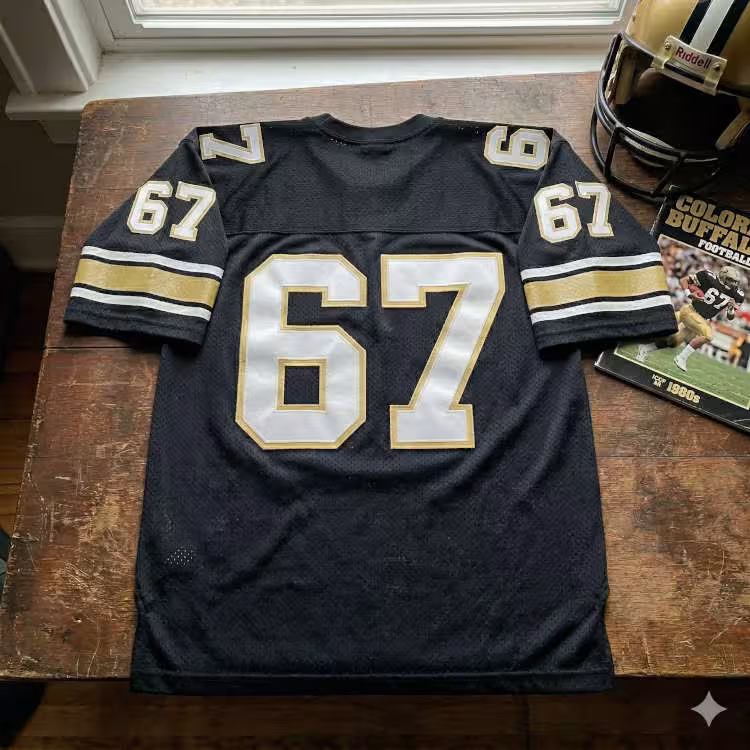Vintage Colorado Buffaloes #67 football jersey. Black mesh with white and gold block numbers, 1980s Colorado game program, and gold Riddell helmet for historical Big Eight sports research and Pigskin Dispatch archives.