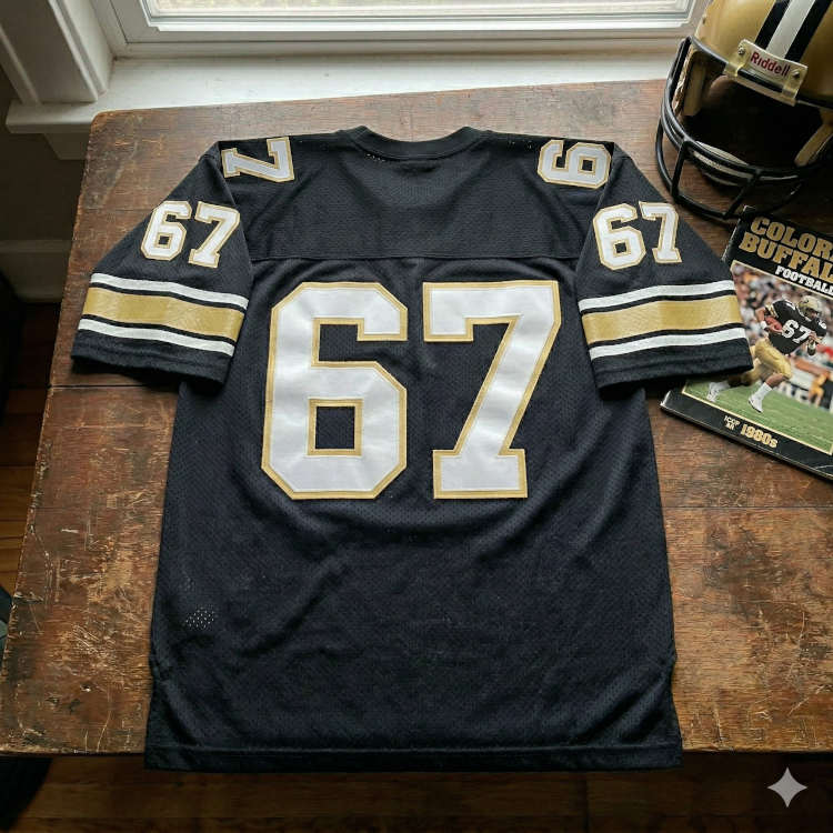 Vintage Colorado Buffaloes #67 football jersey. Black mesh with white and gold block numbers, 1980s Colorado game program, and gold Riddell helmet for historical Big Eight sports research and Pigskin Dispatch archives.