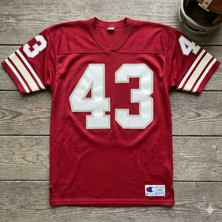 Vintage Nebraska Cornhuskers #43 football jersey. Scarlet mesh with white and cream shadowed block numbers and Champion jock tag. Features triple-striped sleeves and a vintage leather helmet for historical Big Eight sports research and Pigskin Dispatch archives.