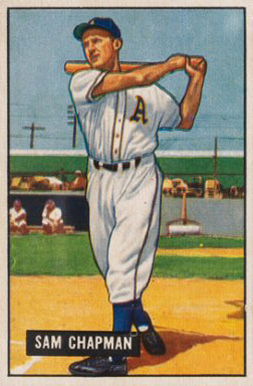 1951 Bowman Sam Chapman baseball card. Vintage color-illustrated card featuring Philadelphia Athletics outfielder and College Football Hall of Fame All-American Sam Chapman in a batting stance for historical sports research and Pigskin Dispatch archives.