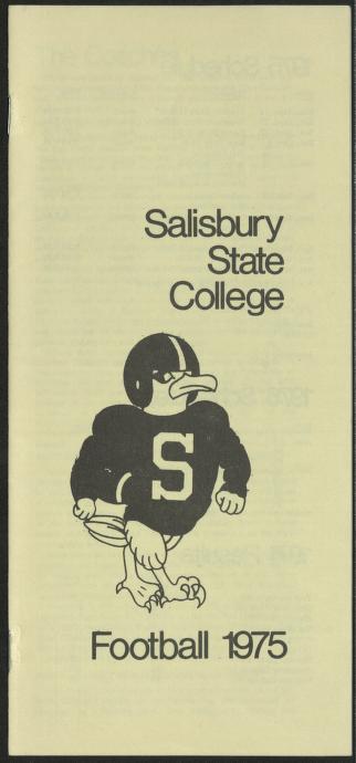 The image shows a tall, narrow pamphlet or media guide cover on a light cream-colored paper. The top text reads "Salisbury State College" in a clean, sans-serif font. The center features a bold, black-and-white cartoon illustration of the school's mascot: a tough-looking sea gull wearing an oversized football jersey with a large "S" on the chest and a striped helmet. The bird is tucked into a football-ready stance, clutching a ball under its wing. The bottom text reads "Football 1975."