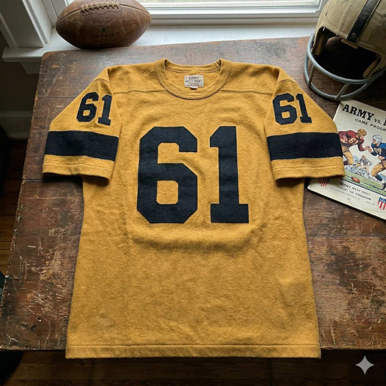 A vintage-style gold Army West Point football jersey with the number '61' in large, dark blue felt-style numbers. The jersey features matching '61' shoulder numbers and a single thick navy stripe on each sleeve. It is displayed on a rustic wooden table next to a 1940s-style Army vs. Navy game program, a weathered leather football, and a grey suspension-style helmet. A small 'ARMY WEST POINT' tag is visible inside the collar.