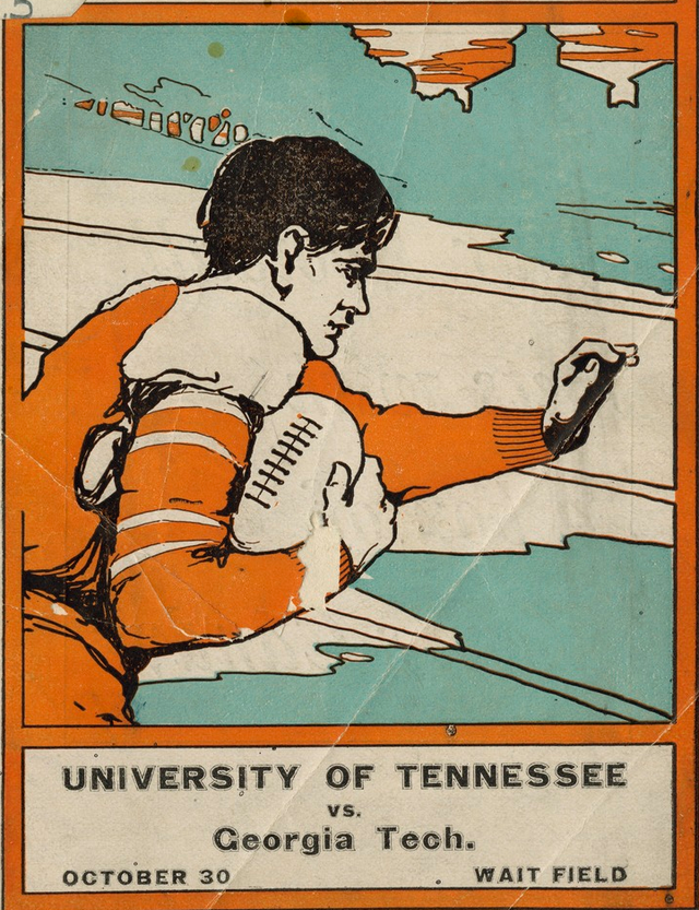 A vintage watercolor program cover image of 1909 era player wearing orange with no helmet, running with a football on a blue green background.