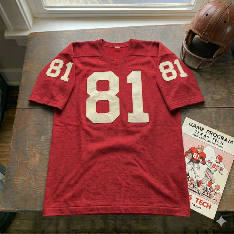 Vintage Texas Tech Red Raiders #81 football jersey. Scarlet red with cream felt block numbers, 1950s Texas Tech vs. Florida game program, and vintage leather wing helmet for historical Southwest sports research and Pigskin Dispatch archives.